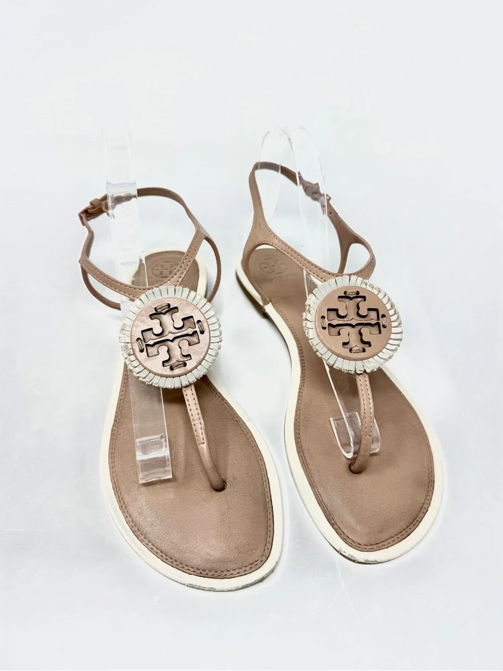 Tory Burch Miller Fringe Tan and Cream Flat Leather Sandals